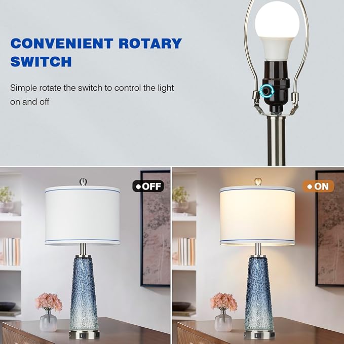 Coastal Glass Table Lamps for Living Room, 26" Table Lamps with USB A+C Ports & AC Outlet, Touch Control Bedside Nightstand Lamp with Crystal Night Light for End Table Office Desk Blue(Bulbs Included)