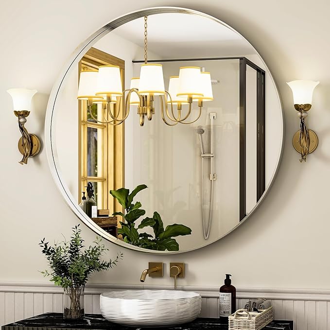 30 Inch Round Bathroom Mirror - Wall Mounted Circle Mirror with Metal Frame, Modern Mirror Suitable for Bathroom, Vanity, Entryway, Living Room, Wall Decor,Silver