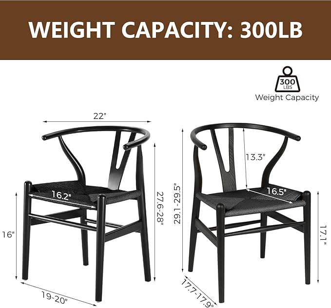 Wishbone Chair, Solid Wood Armrest Woven Seat Chair, Kitchen & Dining Chair, Wishbone Y Black Chairs - Set of 1 (Ash Wood - Black)