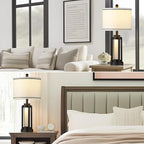 26" Modern Table Lamp with USB A+C Charging Ports & AC Outlet, Industrial Beside Contemporary Lamp Glass LED Night Light for Living Room Bedroom Nightstand End Table Single Black(2 Bulbs Included)