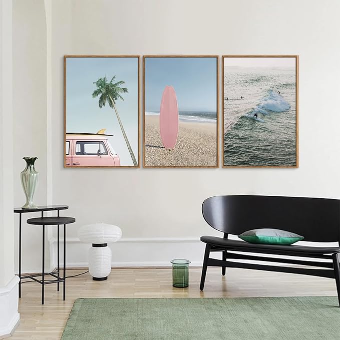 Tinonedraw Large Ocean Beach Framed Canvas Wall Art, Summer Coastal Surfboard Wall Decor, Palm Tree Pink Car Artwork, Modern Surfing Seascape Art Prints for Living Room Bedroom Office 16"x24"x3