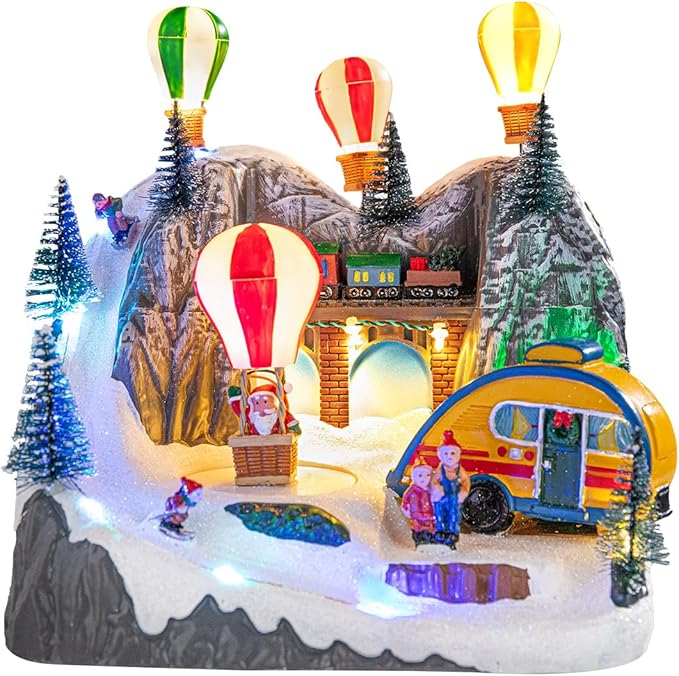 Bdor Christmas Village Lighted Decoration Musical Animated Display Christmas Collectible Ballon House Battery Operated Resin Indoor Decor