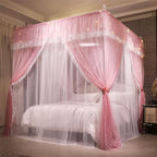 VETHIN 4 Corners Post Ruffle Princess Bed Canopy Curtain-Double Layer Cozy Drape Netting 4 Opening Mosquito Net for Girls Adults Bedroom Decoration (Pink/Whtie, 53" W*78" L*82"*H/(Full))