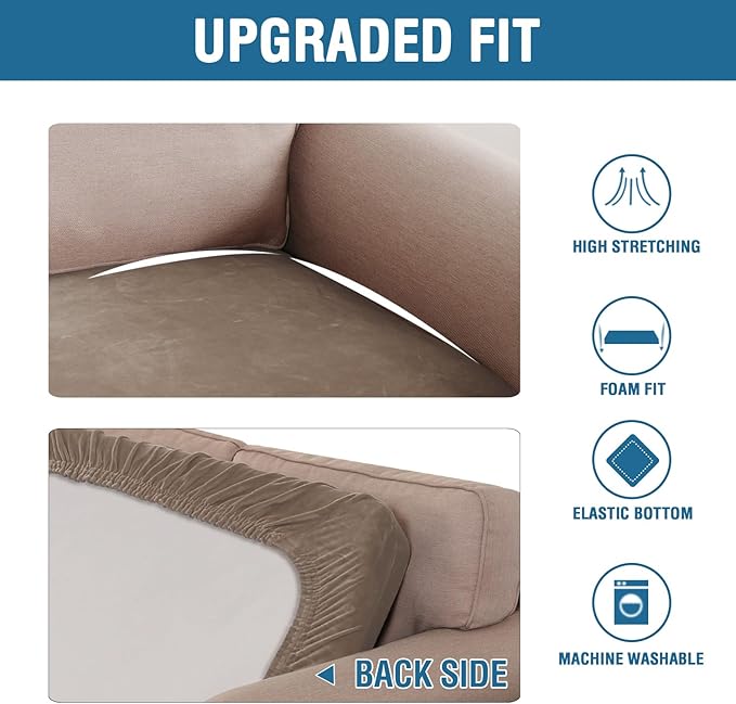 H.VERSAILTEX Velvet Stretch Individual Cushion Cover Plush Cushion Slipcover for Loveseat Sofa Furniture Protector Seat Cushion Sofa Cover (1 Piece Loveseat Cushion Cover, Mocha)