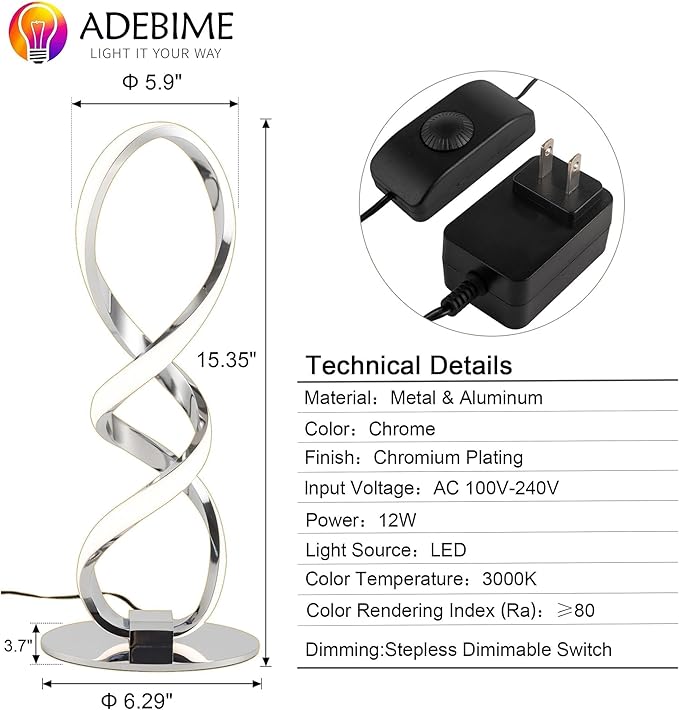 LED Spiral Bedside Table Lamp, Stepless Dimmable 12W 3000K Warm White, Modern Nightstand Desk Lamp for Bedroom, Living Room, Sliver
