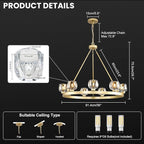 Gold Wagon Wheel Chandelier, 36 Inch Brass Chandeliers with Unique Glass Shade, 9-Light Crystal Farmhouse Wagon Wheel Chandeliers for Dining Room, Round Chandelier for Living Room, Foyer, Entryway