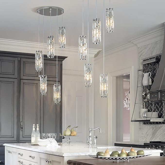 LMQNINE Pendant Light, Chrome Modern Pendant Light Fixtures, Mini Crystal Chandeliers, Adjustable 5-Light Pendant Lighting for Kitchen Island Dinning Room Bedroom (Chrome 5-Light)