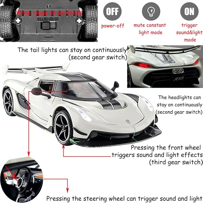 Toy Cars Model Koenigsegg Jesko 1/24 White Alloy Collectibles Die-cast Vehicles with Sound and Light