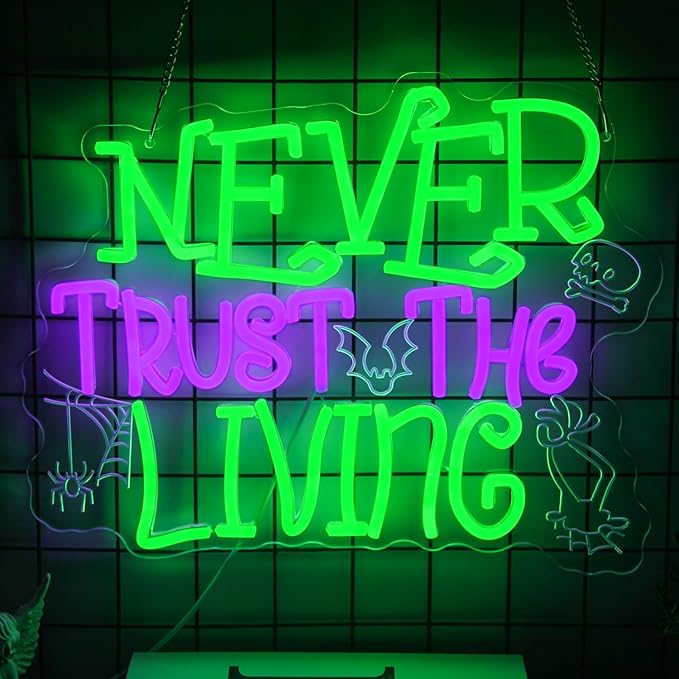 Never Trust The Living Neon Sign Halloween Neon Light Horror Skull LED Sign for Wall Dimmable Spider Web Bat LED Lights Signs for Bar Haunted Mansion Chamber of Secrets Spooky House Decor