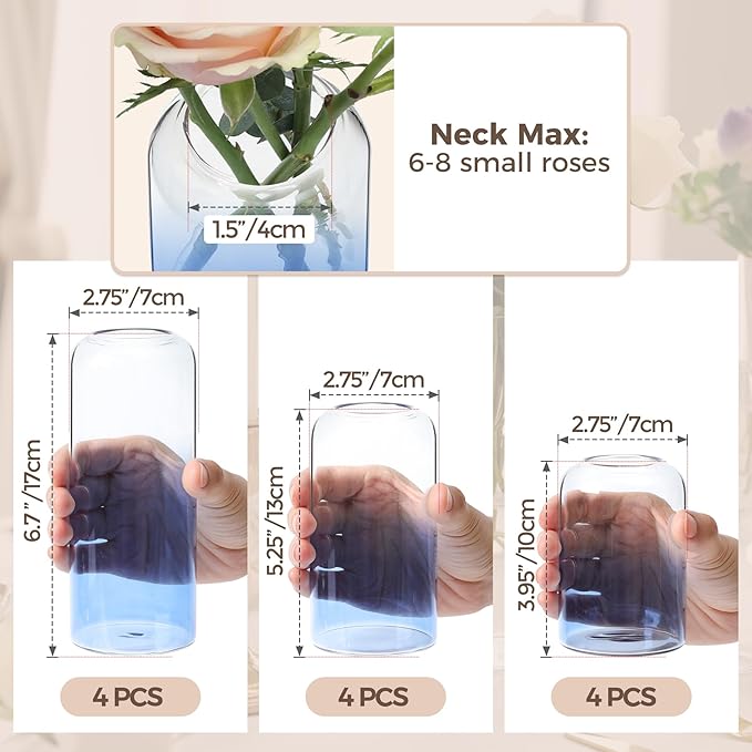 ComSaf Small Flower Vase Set of 12, Glass Bud Vases in Bulk, Blue Vases for Flower, Decor Centerpiece for Bathroom, Decorative Vases for House Warming, Valentines' Day, Mother's Day, Thanksgiving Day