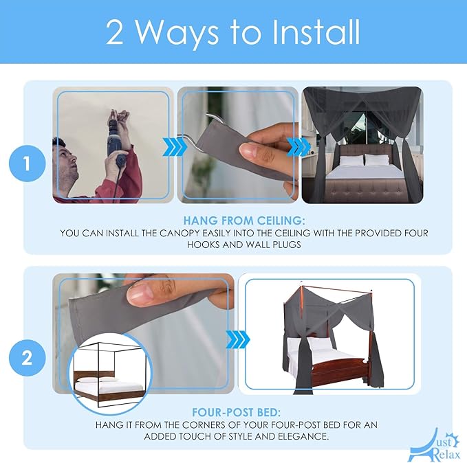 Just Relax Four Corner Post Decorative Elegant Bed Net Canopy Set, Fits Full, Queen and King Sizes, Can Be Used With or Without Four-Post Bed (Black)