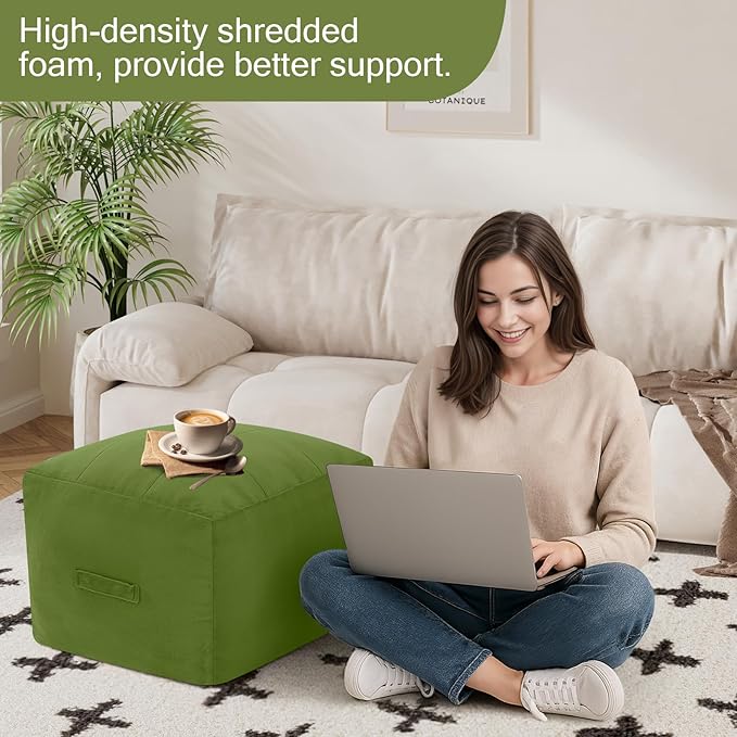 MeMoreCool Square Stuffed Pouf Ottoman Foot Rest, Floor Pouf Foot Stool with Foam Chunk Filling, Soft Stuffed Ottoman Footrest for Living Room, Green