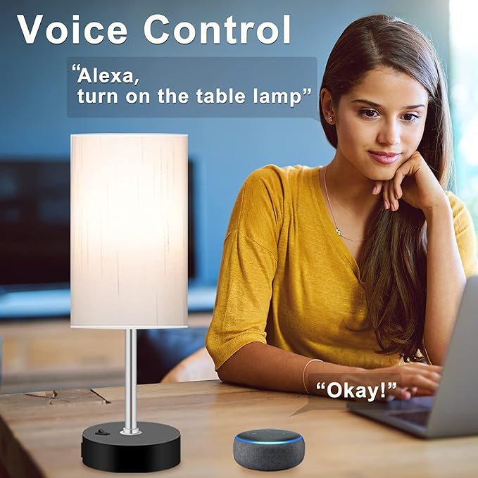 Bedroom Lamp with Smart RGB LED Bulb, Multicolor Changing Table Lamp for Bedroom with 2 USB Port, Dimmable Bedside Lamp Work with Alexa, Smart Nightstand Light for Living Room Sync with Music(2.4GHz)