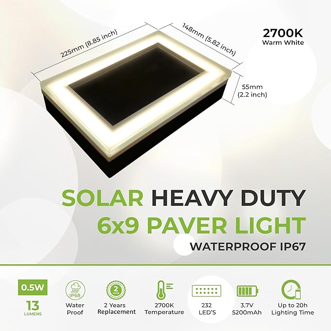 LUMENGY Solar Paver Light 6×9 inch, 2700K, Up to 20 Hours Continuous Lighting, Stainless Steel, Thick Glass, Glare-Free Illumination for Driveways, Pathways & Garden, Waterproof & Drive-Over Rated