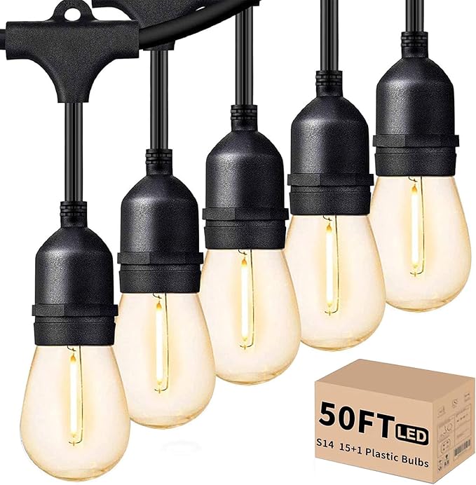 Svater Outdoor Led String Lights 50FT, Patio Lights with 16pcs S14 Shatterproof Bulbs, 1 Watt E26 Dimmable 2700K Warm White, IP65 Waterproof, Commercial Grade Light