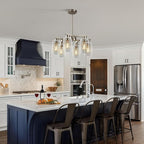 6-Light Modern Farmhouse Brushed Nickel Chandelier, Dining Room Light Fixture Over Table Adjustable Height Hanging Industrial Pendant Lights Kitchen Island, Clear Glass Shade