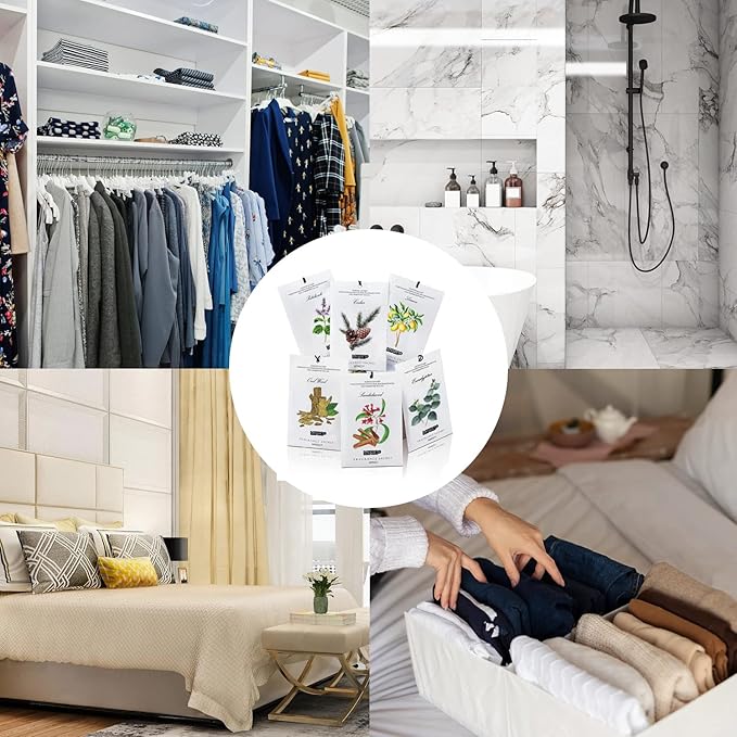 MYARO 12 Pcs Scented Sachets for Drawer and Closet, Long-Lasting Air Freshener Sachets Bag, Closet Deodorizer Potpourri Bags, 6 Fresh Scents - Cedar, Sandalwood, Lemon, Eucalyptus, Patchouli, Oud Wood