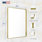 WEER Gold Bathroom Mirror, 24X32 Inch Brushed Gold Metal Frame Mirror, Rounded Rectangle Gold Bathroom Vanity Mirror for Wall, Tempered Glass, Anti-Rust, Hangs Horizontally or Vertically