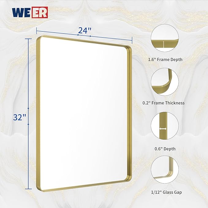 WEER Gold Bathroom Mirror, 24X32 Inch Brushed Gold Metal Frame Mirror, Rounded Rectangle Gold Bathroom Vanity Mirror for Wall, Tempered Glass, Anti-Rust, Hangs Horizontally or Vertically