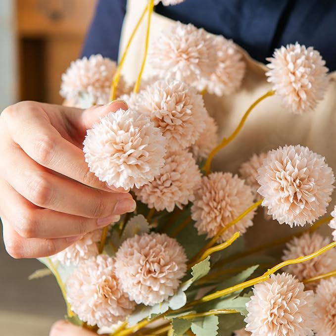 6 Artificial Silk Flowers + 3 Eucalyptus, Artificial Chrysanthemums with Stems for Home Decor, Beige