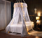 VETHIN Princess Bed Canopy for Girls Double Layer Sheer Mesh Dome Elegant Embroidery Lace Mosquito Net Bed Curtain for Full Queen King Bed with led Stars String Lights(Grey/White)