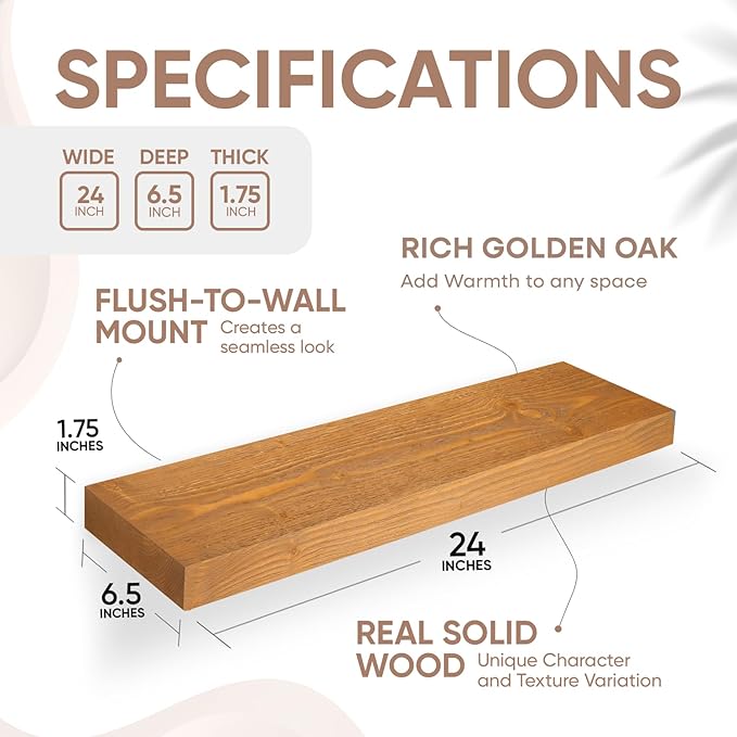 Homeforia 24 inch Golden Oak Floating Shelf, High End Solid Real Wood 24inch Small Floating Shelves for Wall Mounted, Oak Wooden 24in Floating Shelves, Heavy Duty Bracket, 24 X 6.5 X 1.75 in, Set of 4