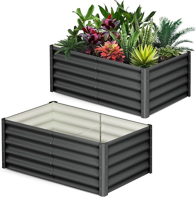 Galvanized Raised Garden Bed Outdoor, 2 Pcs 6x3x1.5FT Outdoor Large Planter Raised Beds Open Base with Safety Edge and Glove for Vegetables Flowers Ground Planter, Dark Grey