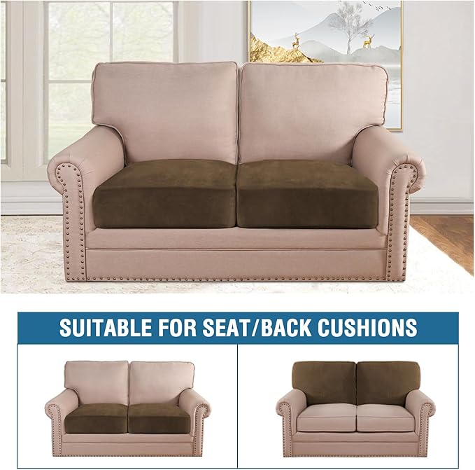 H.VERSAILTEX Velvet Stretch Couch Cushion Cover Plush Cushion Slipcover for Chair Loveseat Sofa Cushion Furniture Protector Seat Cushion Sofa Cover (2 Piece Medium Sofa Cushion Covers, Bronze Brown)