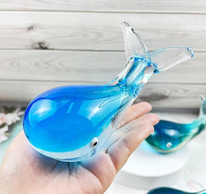 Crystal Whale Figurine Hand Blown Glass Whale Statue Collectibles Art Glass Sea Animal Paperweight Home Table Decor Gift Blue 5.1''