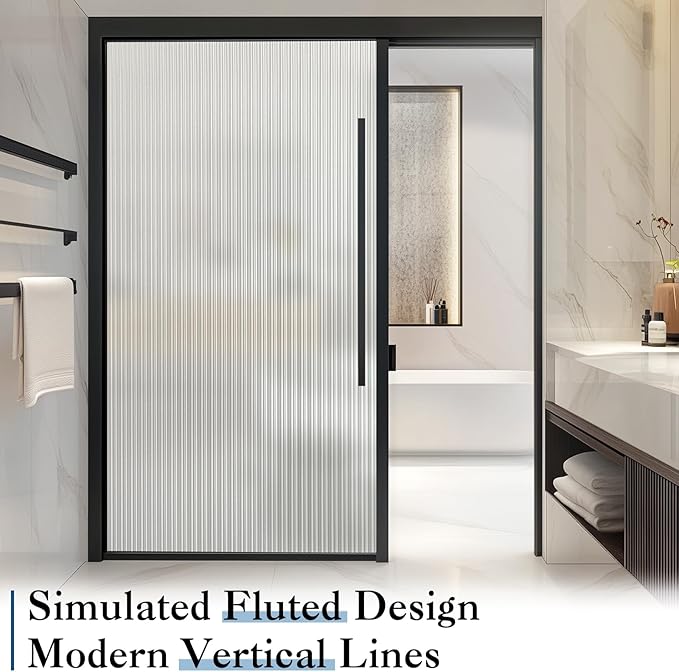 Haton Reeded Glass Window Privacy Film, Frosted Glass Window Film, Static Cling UV Blocking Stickers, Decorative Removable Cover for Bathroom Door Office, Non Adhesive 35.4" x 118.1"