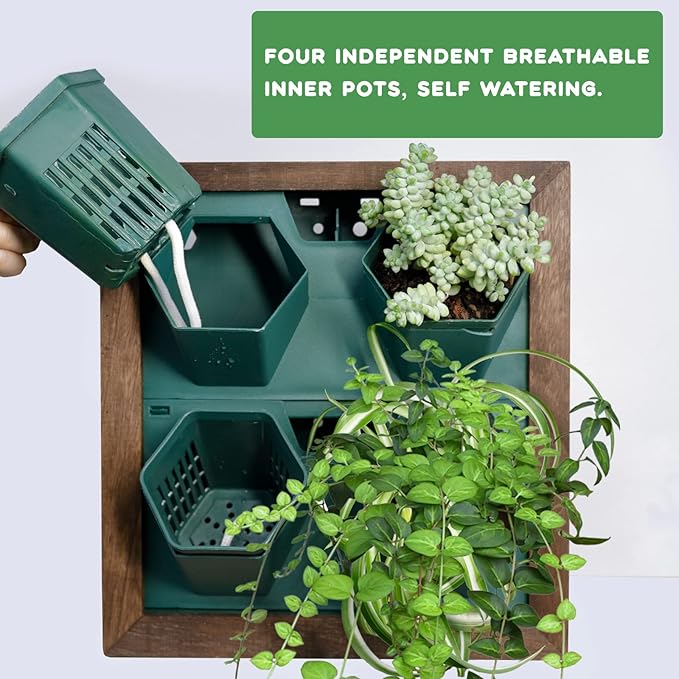 Vertical Wall Planter, 4 Pots Self Watering Living Planters Indoor, Wooden Frame Planter Wall Decoration Home Office (No Screw)