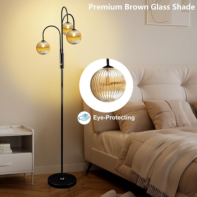 Lightdot 70IN Dimmable Floor Lamp for Living Room, 3 Light LED Tree Floor Lamps with 3Pcs Glass Globe, 3000K Soft Warm White for Wedding/Party, Mid Century Standing Tall Lamp for Bedroom/Office-Black