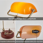 Bankers Lamp, Traditional Orange Desk Lamp with Solid Birch Wood Base, Orange Glass Antique Library Lamp with Pull Chain Switch, Plug in Vintage Bankers Desk Lamp for Office, Study Room 【E26 Socket】