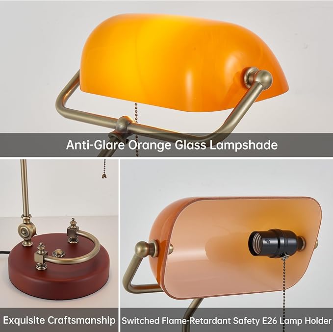 Bankers Lamp, Traditional Orange Desk Lamp with Solid Birch Wood Base, Orange Glass Antique Library Lamp with Pull Chain Switch, Plug in Vintage Bankers Desk Lamp for Office, Study Room 【E26 Socket】