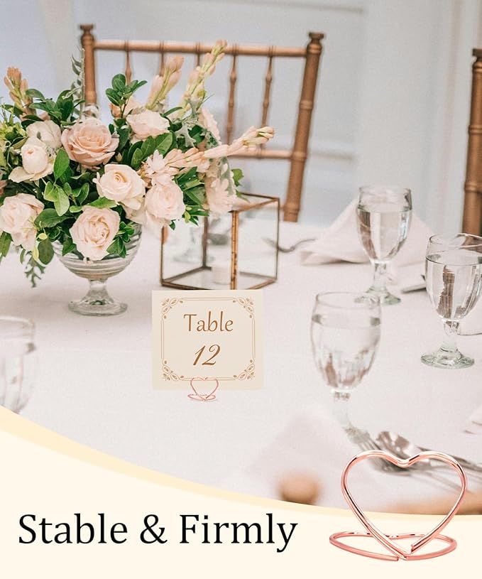 36 Pcs Heart Table Number Holders - Rust-Resistant Metal Place Card Stands for Weddings, Office & Home Decor (Rose Gold)