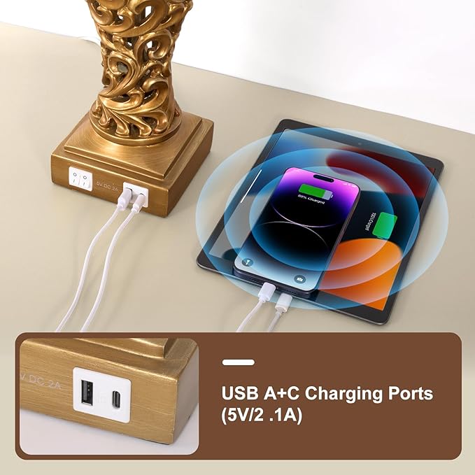 Vintage Table Lamps Set of 2, 28.5'' Tall Antique Gold Bedside Lamps with Fabric Shades, USB A+C Charging Ports & Night Light, Farmhouse Nightstand Lamps for Bedroom Living Room Office (Bulb Included)