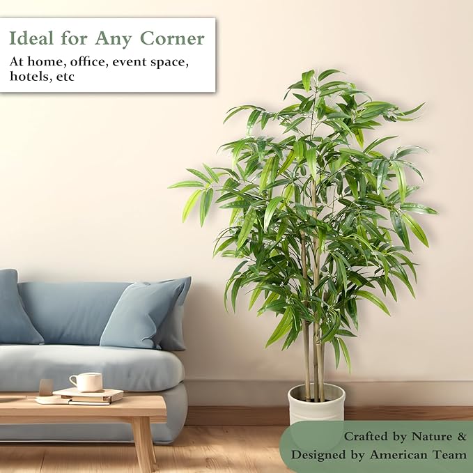 Artificial Bamboo Tree, 5 ft Fake Tree, Faux Silk Plant with Pot, Fake Plants for Home Office Indoor Outdoor Decor, 5 Natural Bamboo Trunks
