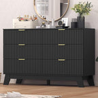 Fluted Dresser for Bedroom,6 Drawer Dresser for Closet,Storage Cabinet and Chest of Drawers with Gold Handle,TV Stand,Storage Organizer for Living Room,Hallway,Entryway,Black