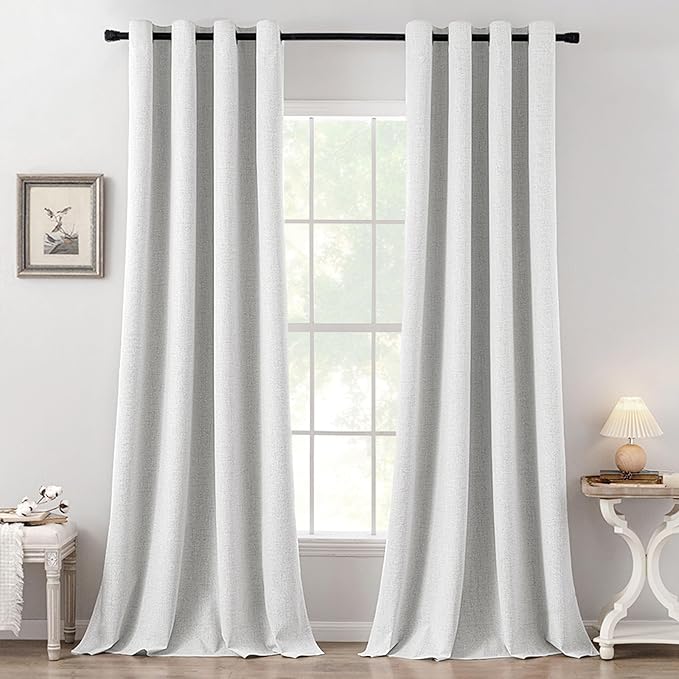 MIULEE 100% Blackout Linen Textured Curtains for Bedroom Solid Thermal Insulated Heathered White Grommet Room Darkening Curtains & Drapes Luxury Decor for Living Room Nursery 52 x 108 Inch (2 Panels)