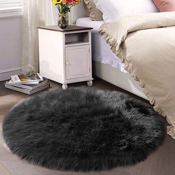Latepis Black Faux Fur Round Rug 6.7ft Shag Sheepskin Rug for Bedroom Fluffy Carpet for Living Room Furry Rugs for Playroom Luxury Home Decor