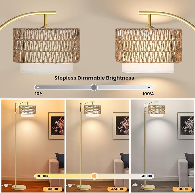 Arc Floor Lamp for Living Room,Gold Floor Lamps with Remote Control & Dimmable Bulb,Rattan Boho Tall Standing Lamp for Bedroom Office