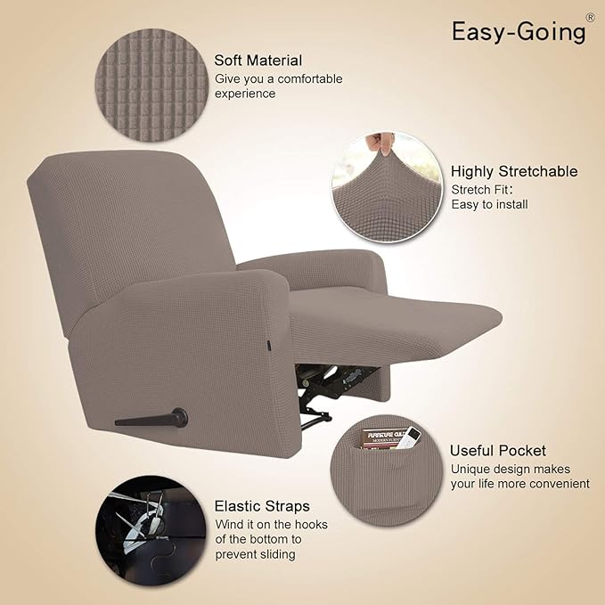 Easy-Going Recliner Stretch Sofa Slipcover Sofa Cover 4-Pieces Furniture Protector Couch Soft with Elastic Bottom, Spandex Jacquard Fabric Small Checks(Recliner,Taupe)