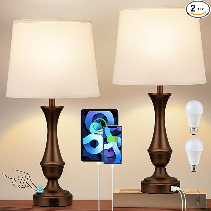 Upgraded Touch Lamps for Night Stands Set of 2 - Bedside Lamps with USB C+A, 3 Way Dimmable for Bedroom Living Room End Tables Office (White&Brown)