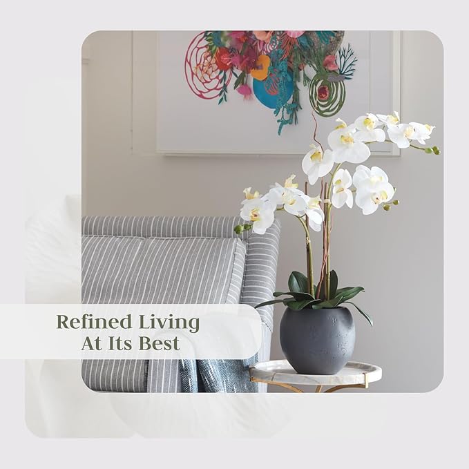 CG Hunter Faux White Orchid Plant, Premium Artificial Indoor Flower Display Stands 25-Inches with Beautiful Sculptural Blooms and Foliage That Lasts Forever, Grey Planter Pot Included