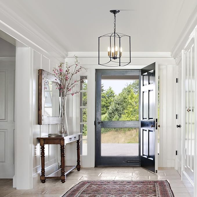 Farmhouse 4 Lights Pendant Light, Industrial Black Lantern Chandelier with E12 Gold Base Metal Cage Rustic Geometric Hanging Light Fixtures for Kitchen Island Foyer Entryway Dining Room