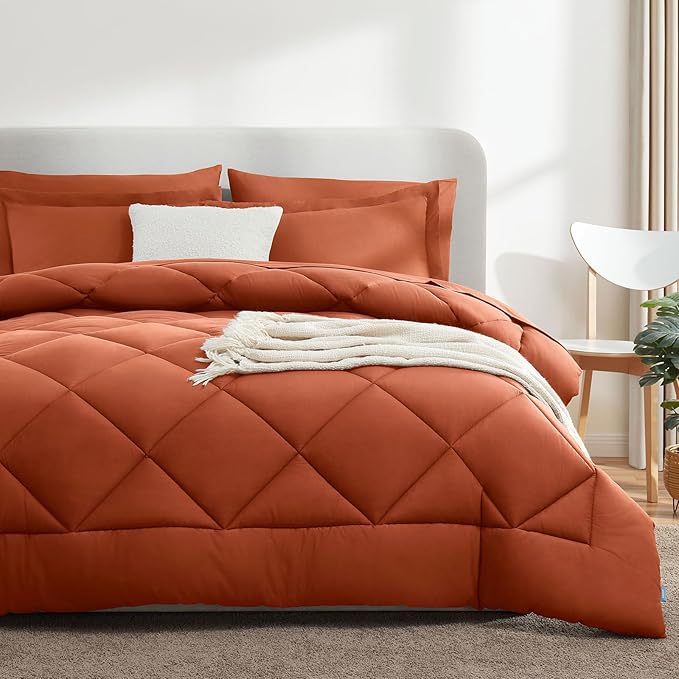 CozyLux King Size Comforter Set Burnt Orange - 7 Pieces Bed in a Bag King, Luxury Soft Bed Set for All Seasons, Bedding Set with Down Alternative Comforter, Sheets, Pillowcases & Shams, Terracotta