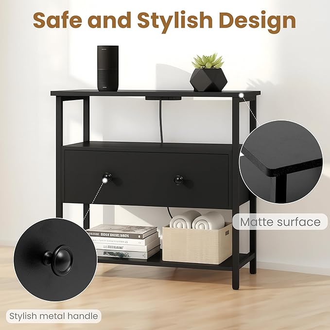 27 Inch Wide Night Stand with Charging Station, Wood Nightstand with Open Shelf, Large Drawer Bedside Table for Living Room/Bedroom/Office (Black)