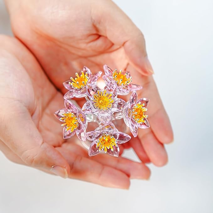 Pink Crystal Flower Ornament with Base Flower Figurine Collections Glass Flowers Bouquet Gift for Women Crystal Christmas Decoration for Home