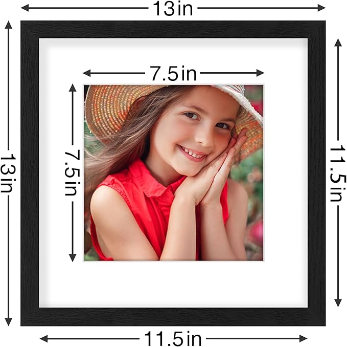 Vittanly 12x12 Picture Frames Set of 9, Shatter Resistant Plexiglass, Display 8x8 Pictures with Mat or 12x12 without Mat, Photo Frames for Wall Mount, Engineered Wood, Black
