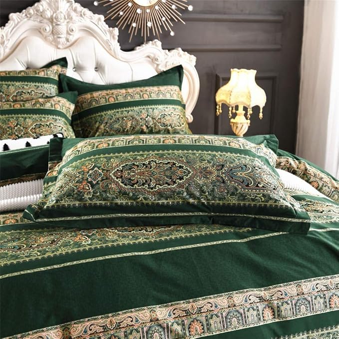 ABREEZE Bohemian Vintage Twin Size Floral Cotton Bedding Set 3Pcs Duvet Cover Set Boho Green Paisley 100% Egyptian Brushed Cotton Reversible Home Bedding Collection